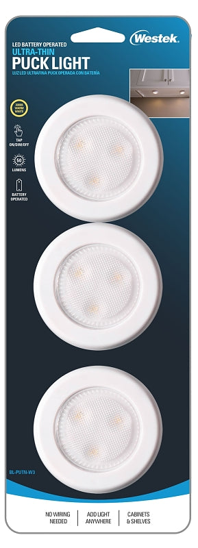 WESTEK Westek BL-PUTN-W3 Compact Ultra-Thin Puck Light, 12 V, AAA Battery, 1-Lamp, LED Lamp, 50 Lumens, White, 3/CD