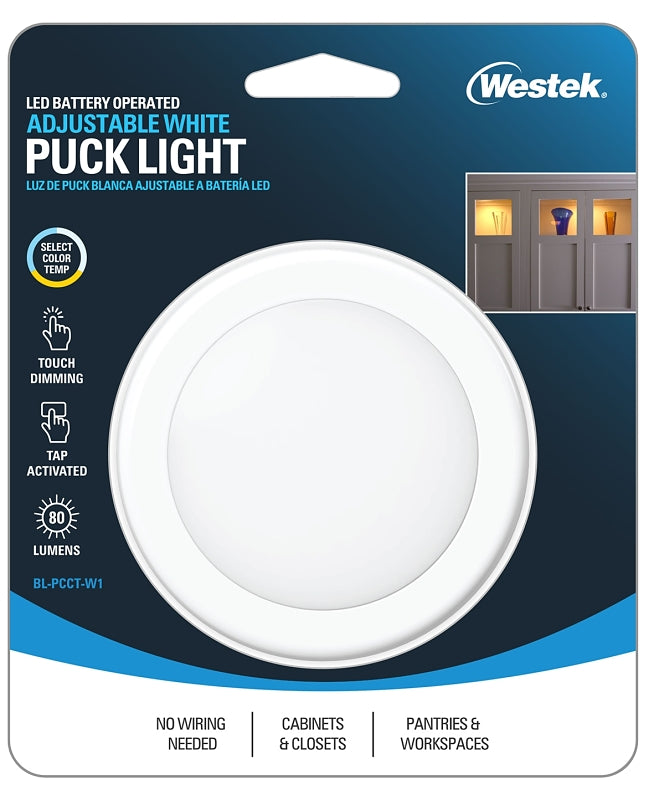 WESTEK Westek BL-PCCT-W1 Series Adjustable Puck Light, 3.37 in Dia, AA Battery, LED Lamp, 80 Lumens, White, 1/CD ELECTRICAL WESTEK