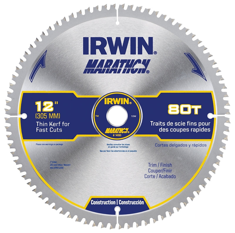 IRWIN Irwin Marathon 14083 Table Saw Blade, 12 in Dia, 1 in Arbor, 80-Teeth, Carbide Cutting Edge TOOLS IRWIN