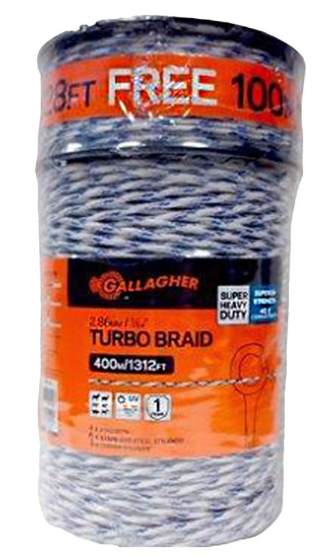 GALLAGHER POWER FENCE, Gallagher G62148 Turbo Braid, 2-Conductor, Copper/Stainless Steel Conductor, Poly Insulation, White, 1312 ft L HARDWARE & FARM SUPPLIES GALLAGHER POWER FENCE,