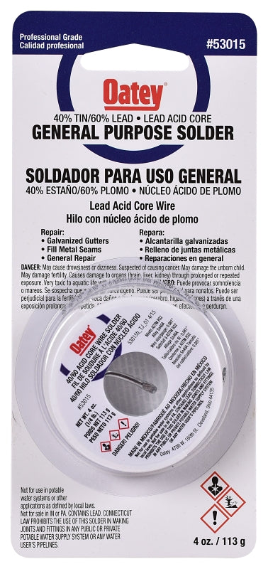 OATEY Oatey 53015 Acid Core Wire Solder, 1/4 lb Carded, Solid, Silver, 360 to 460 deg F Melting Point TOOLS OATEY