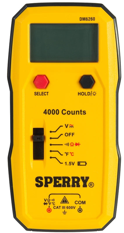 SPERRY Sperry Instruments DM6260 Multimeter, 4 V, 40 V, 400 V, 600 V (AC/DC), Backlit LCD, Digital Display, Yellow