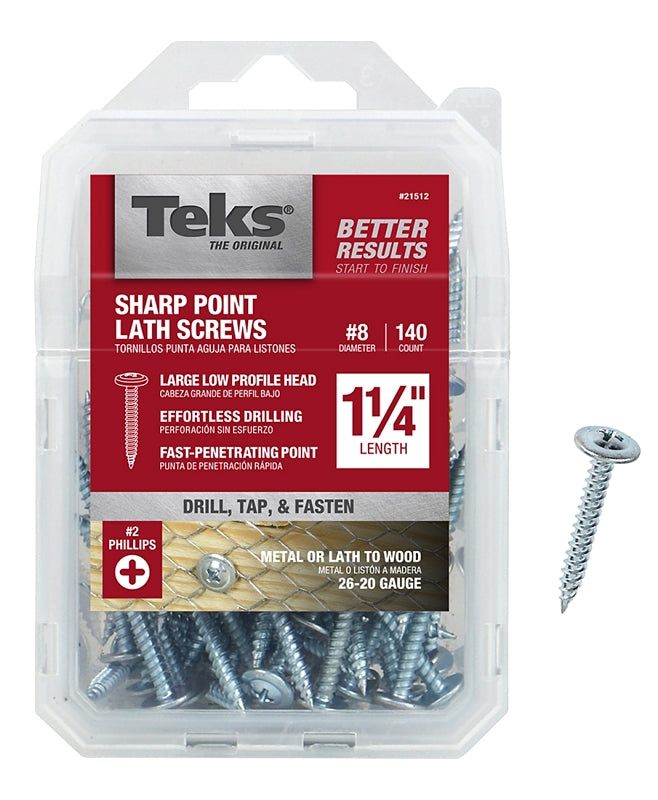 TEKS Teks 21512 Lath Screw, #8 Thread, Truss Head, Phillips Drive, Sharp Point, Steel, Zinc, 140 PK