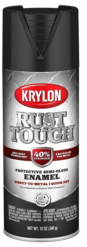 KRYLON Krylon Rust Tough K09267008 Enamel Spray Paint, Semi-Gloss, Black, 12 oz, Can