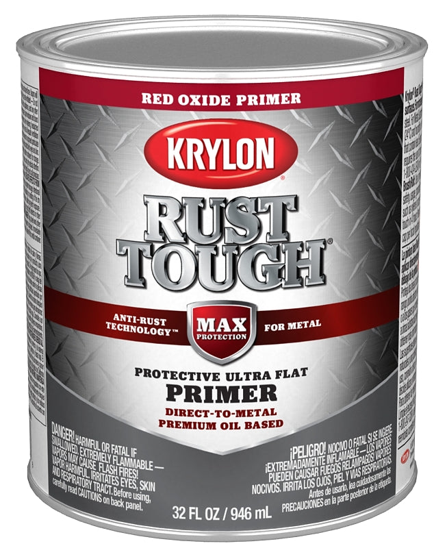KRYLON Krylon Rust Tough K09721008 Rust-Preventative Primer, Ultra Flat, Red Oxide/Rusty Metal, 1 qt