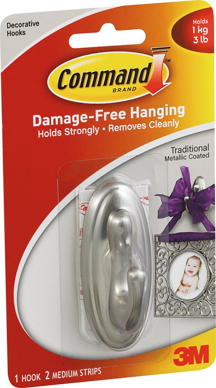 COMMAND Command 17051BN Decorative Hook, 3-1/8 in L x 1-1/4 in W x 1-1/2 in H Dimensions, 3 lb, 1-Hook, Plastic, Silver HARDWARE & FARM SUPPLIES COMMAND