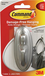 COMMAND Command 17053BN Decorative Hook, 5 lb, 1-Hook, Plastic, Silver, Brushed Nickel
