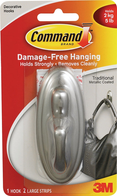 COMMAND Command 17053BN Decorative Hook, 5 lb, 1-Hook, Plastic, Silver, Brushed Nickel