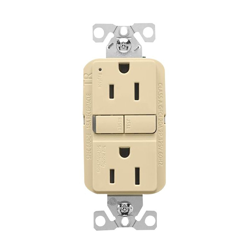 COOPER WIRING Eaton TRGF15V Self-Test GFCI Receptacle, 125 V, 15 A, NEMA: NEMA 5-15R, Back, Side Wiring, Ivory
