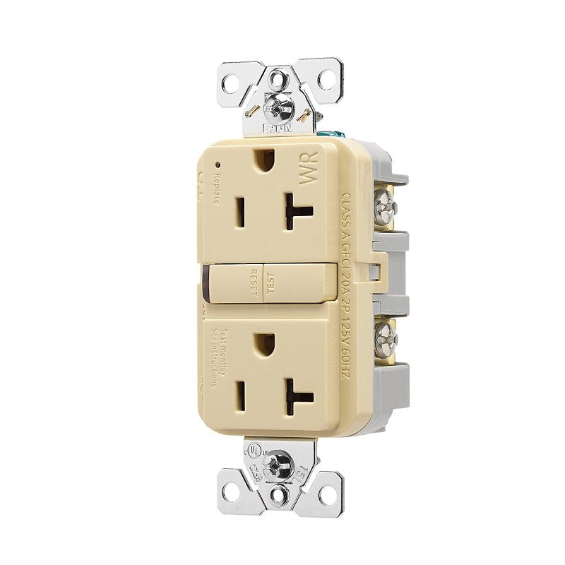 COOPER WIRING Eaton TWRGF20V Self-Test GFCI Receptacle, 125 V, 20 A, NEMA: NEMA 5-20R, Back, Side Wiring, Ivory ELECTRICAL COOPER WIRING