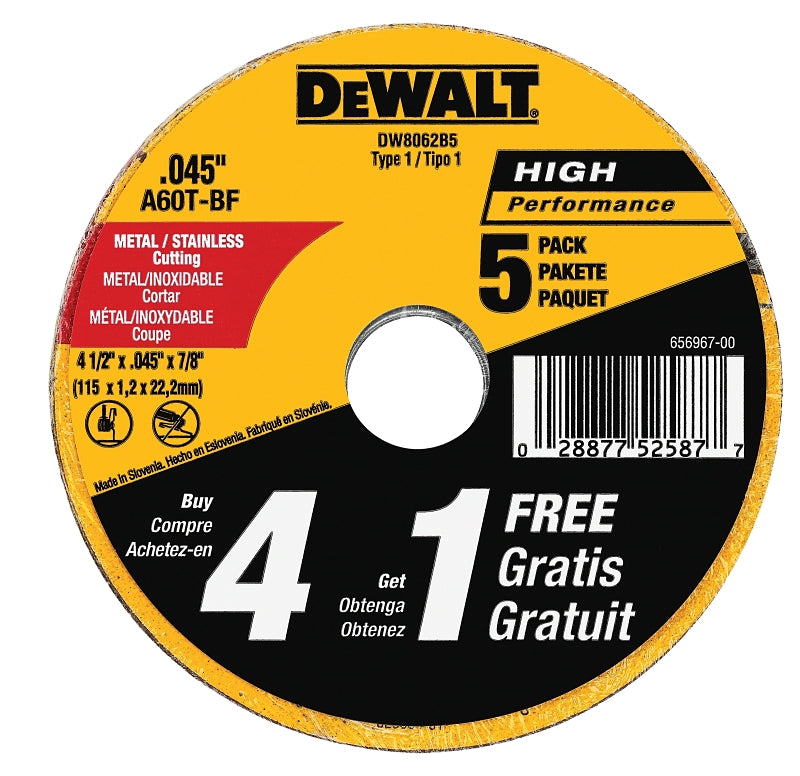 DEWALT DEWALT DW8062B5 Cutting Wheel, 4-1/2 in Dia, 0.045 in Thick, 7/8 in Arbor, 60 Grit, Aluminum Oxide Abrasive