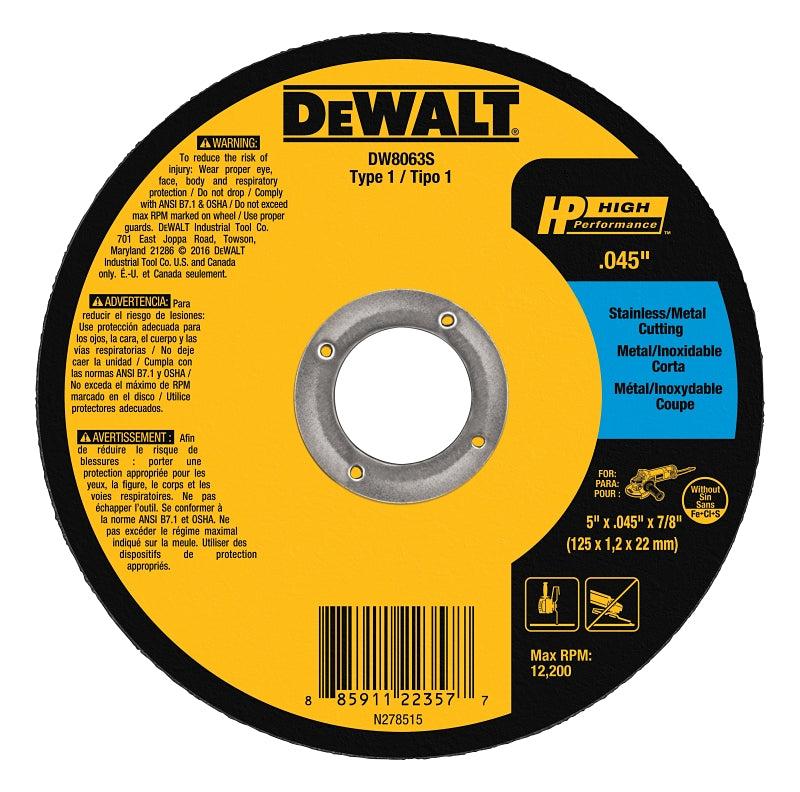 DEWALT DEWALT DW8063 Cutting Wheel, 5 in Dia, 0.045 in Thick, 7/8 in Arbor, 60 Grit, Aluminum Oxide Abrasive TOOLS DEWALT