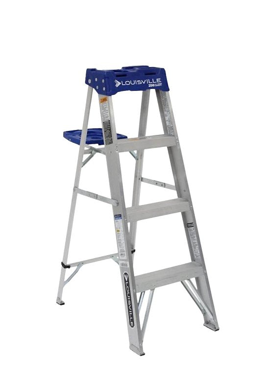 LOUISVILLE LADDER Louisville AS2104 Step Ladder, 4 ft H, Type I Duty Rating, Aluminum, 250 lb, 3-Step, 102 in Max Reach