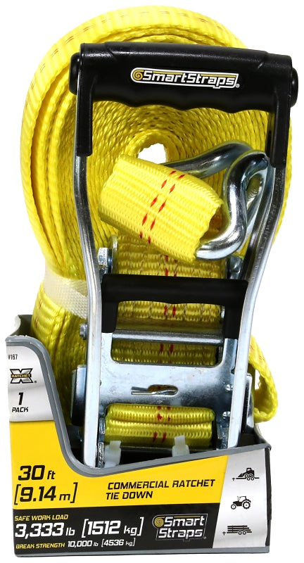 SMARTSTRAP SmartStrap 167 Tie-Down, 2 in W, 30 ft L, Polyethylene, Yellow, 3333 lb, J-Hook End Fitting, Steel End Fitting