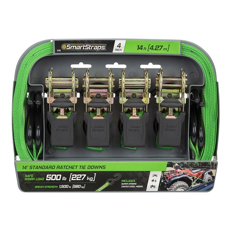 SMARTSTRAP SmartStrap 145 Padded Tie Down, 1 in W, 14 ft L, Polyester/Plastic, Green, 500 lb Working Load, S-Hooks End AUTOMOTIVE SMARTSTRAP