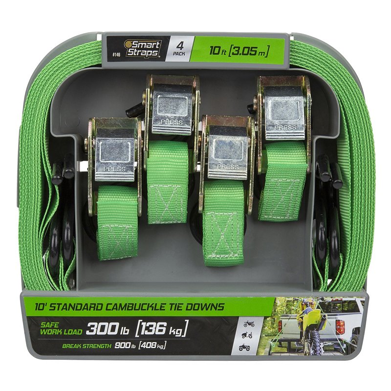 SMARTSTRAP SmartStrap 146 Tie-Down, Cam Buckle, 1 in W, 10 ft L, Steel, Green, 300 lb, S-Hook End Fitting, Steel End Fitting AUTOMOTIVE SMARTSTRAP