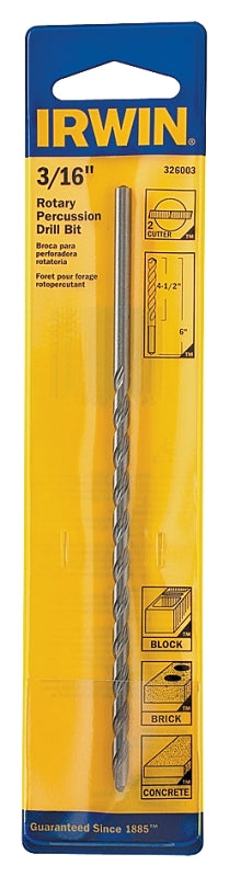 IRWIN Irwin 326003 Rotary Hammer Drill Bit, 3/16 in Dia, 6 in OAL, Percussion, Twist Flute, 2-Flute, 3/16 in Dia Shank TOOLS IRWIN