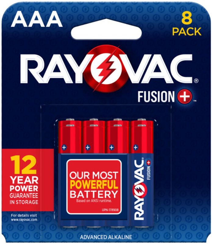 RAYOVAC Rayovac Fusion 824-8TFUS1 Battery, AAA Battery, Alkaline, Blue/Red ELECTRICAL RAYOVAC