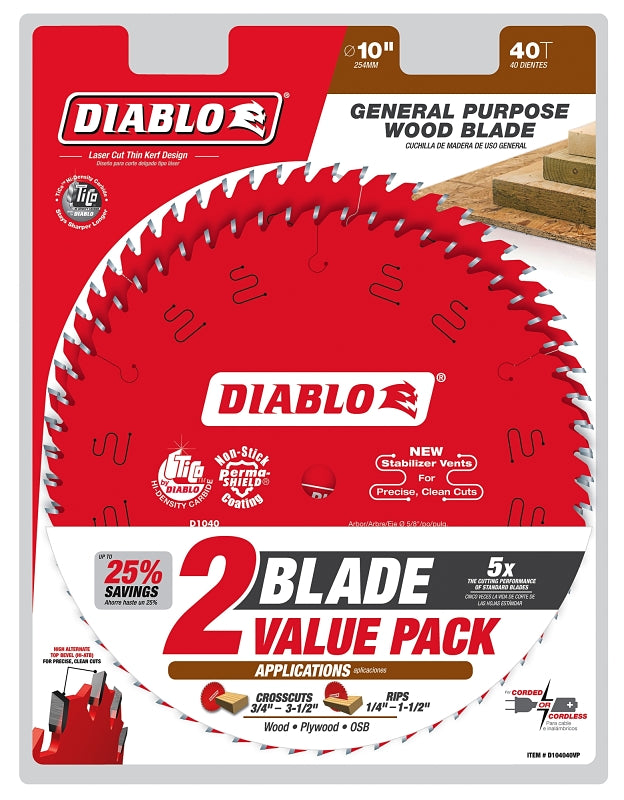 DIABLO Diablo D104040VP Saw Blade, 10 in Dia, 40-Teeth TOOLS DIABLO