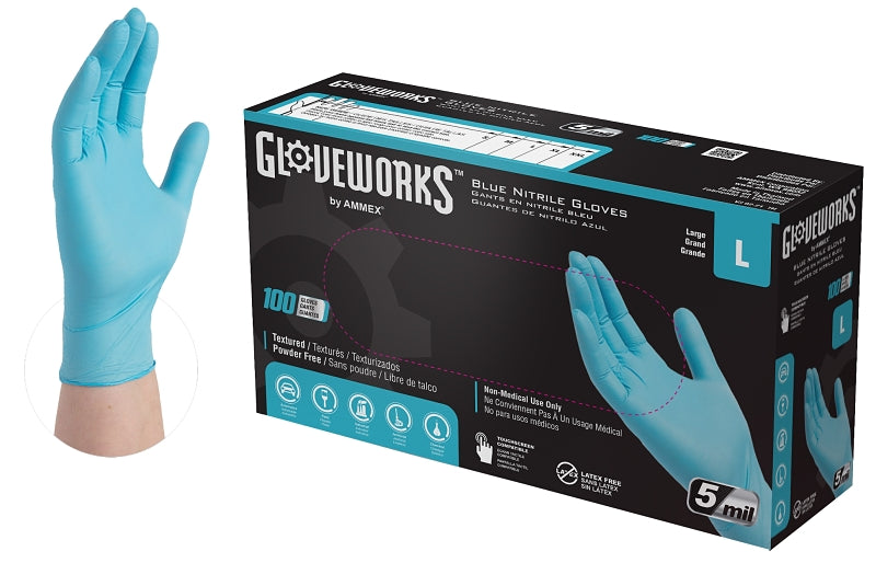 AMMEX Gloveworks INPF46100 Non-Sterile Disposable Gloves, L, Nitrile, Powder-Free, Blue, 9-1/2 in L