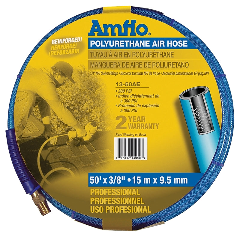 AMFLO Amflo 13-50AE Air Hose, 3/8 in OD, 50 ft L, MNPT, 300 psi Pressure, Polyurethane, Blue TOOLS AMFLO