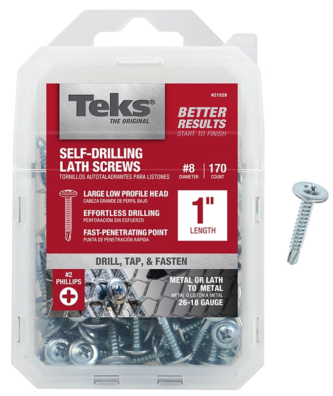 TEKS Teks 21528 Lath Screw, #8 Thread, 1.63 in L, Truss Head, Phillips Drive, Drill Point, Steel, Zinc, 170 PK