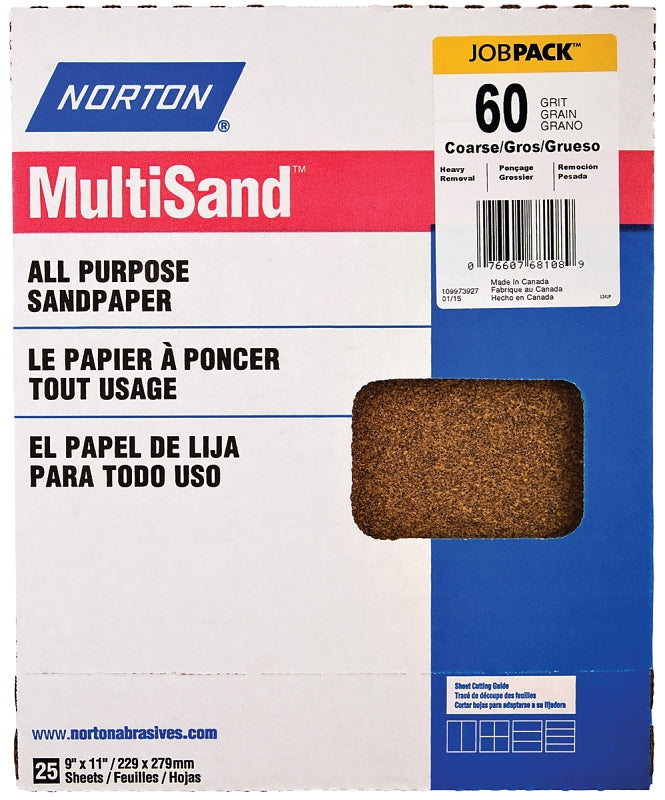 NORTON Norton Adalox 07660700152 Sanding Sheet, 11 in L, 9 in W, Coarse, 60 Grit, Aluminum Oxide Abrasive, Paper Backing