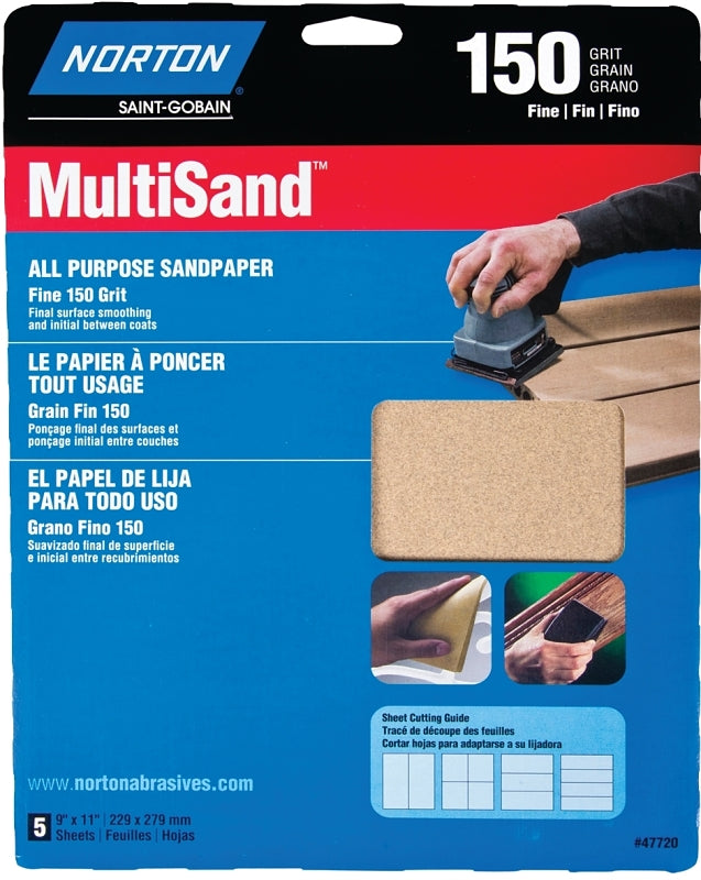 NORTON Norton MultiSand 07660747720 Sanding Sheet, Brown, 11 in L, 9 in W, Fine, 150 Grit PAINT NORTON
