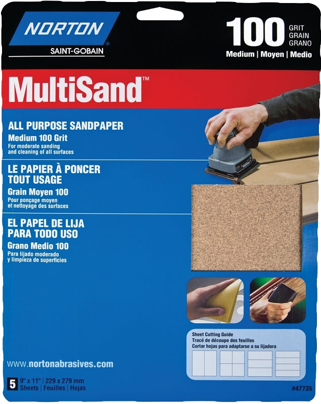 NORTON Norton MultiSand 07660747735 Abrasive Sheet, 11 in L, 9 in W, Medium, P100 Grit, Aluminum Oxide Abrasive, Paper Backing PAINT NORTON