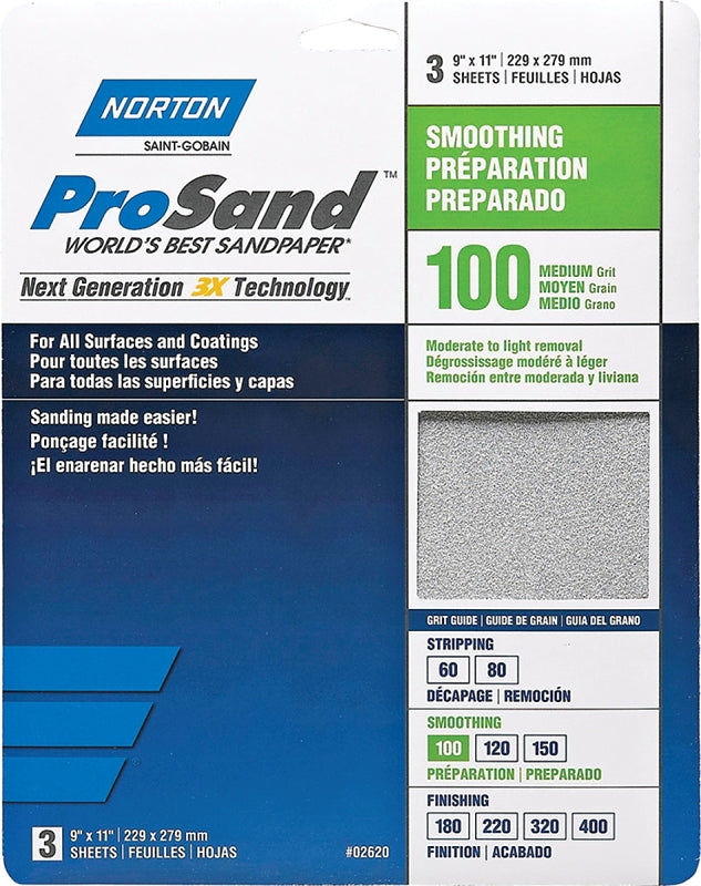NORTON Norton ProSand 07660768162 Sanding Sheet, Tan, 11 in L, 9 in W, Medium, 100 Grit, Aluminum Oxide Abrasive
