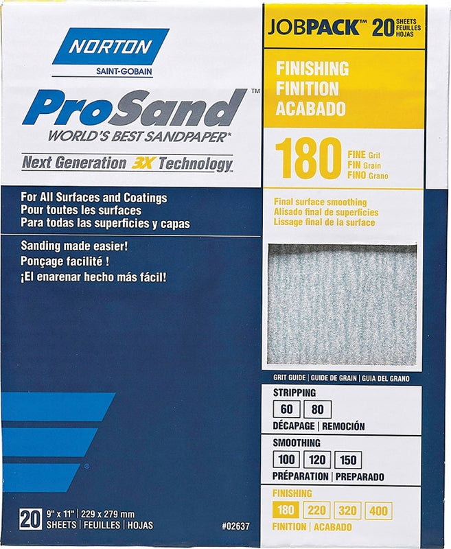 NORTON Norton ProSand 07660768168 Sanding Sheet, Tan, 11 in L, 9 in W, Fine, 180 Grit, Aluminum Oxide Abrasive, Paper Backing