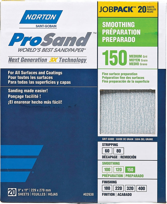 NORTON Norton ProSand 07660768171 Sanding Sheet, Tan, 11 in L, 9 in W, Medium, 150 Grit, Aluminum Oxide Abrasive, Paper Backing PAINT NORTON