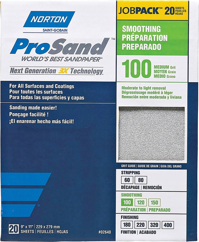 NORTON Norton ProSand 07660768173 Sanding Sheet, Tan, 11 in L, 9 in W, Medium, 100 Grit, Aluminum Oxide Abrasive, Paper Backing