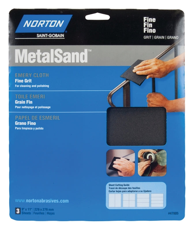 NORTON Norton MetalSand 07660747805 Sanding Sheet, 11 in L, 9 in W, Fine, Emery Abrasive, Cloth Backing