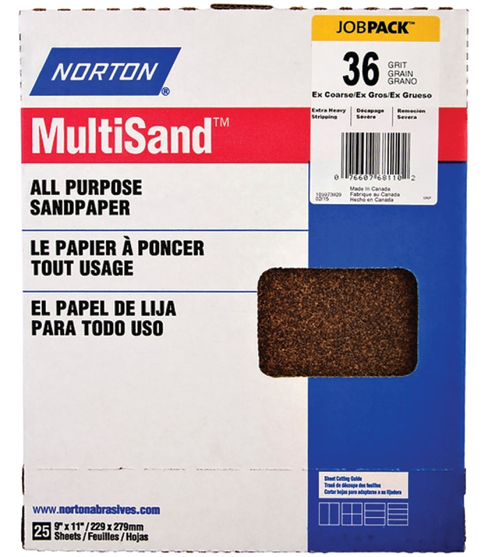 NORTON Norton MultiSand 07660768110 Sanding Sheet, 11 in L, 9 in W, Extra Coarse, 36 Grit, Aluminum Oxide Abrasive