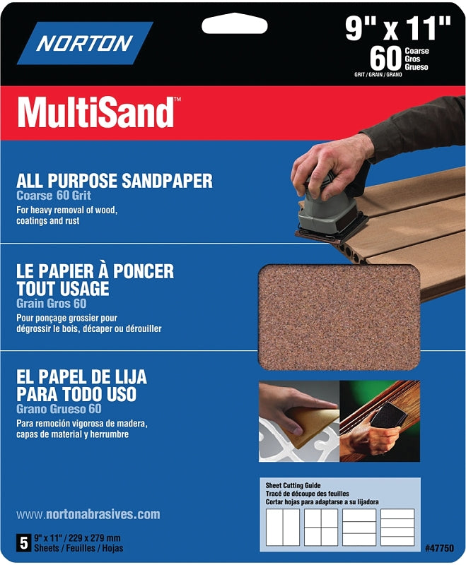 NORTON Norton MultiSand 07660747750 Sanding Sheet, Brown, 11 in L, 9 in W, Coarse, 60 Grit, Aluminum Oxide Abrasive PAINT NORTON