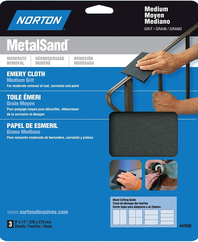 NORTON Norton MetalSand 07660747820 Sanding Sheet, 11 in L, 9 in W, Medium, Emery Abrasive, Cloth Backing PAINT NORTON