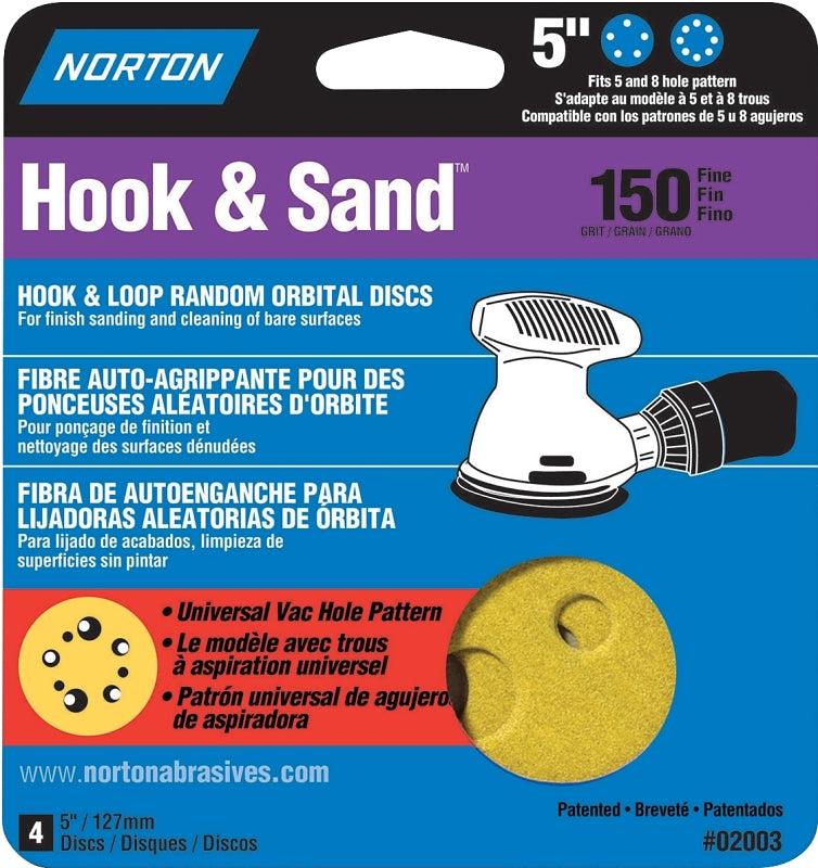NORTON Norton 02003 Sanding Disc, 5 in Dia, Coated, Fine, P150 Grit, Aluminum Oxide Abrasive, C-Weight Paper Backing PAINT NORTON