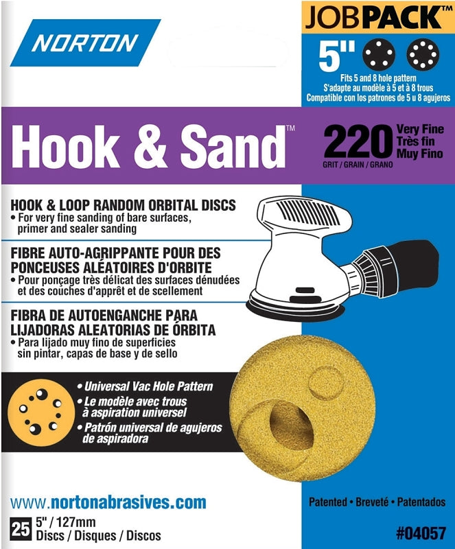 NORTON Norton 04057 Sanding Disc, 5 in Dia, Coated, Aluminum Oxide Abrasive, P220 Grit, Very Fine, C-Weight Paper Backing PAINT NORTON