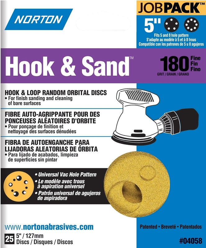 NORTON Norton 04058 Sanding Disc, 5 in Dia, Coated, P180 Grit, Fine, Aluminum Oxide Abrasive, Paper Backing PAINT NORTON