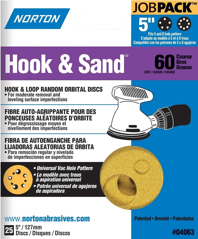 NORTON Norton 04063 Sanding Disc, 5 in Dia, Coated, P60 Grit, Coarse, Aluminum Oxide Abrasive, Paper Backing, Universal Vacuum PAINT NORTON