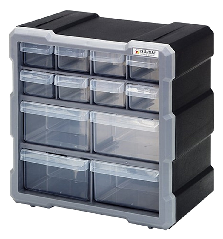 QUANTUM STORAGE SYST Quantum Storage Systems PDC-12BK Small Parts Organizer, 10-1/4 in L, 6-1/4 in W, 10-1/2 in H, 12-Drawer, Polypropylene TOOLS QUANTUM STORAGE SYST