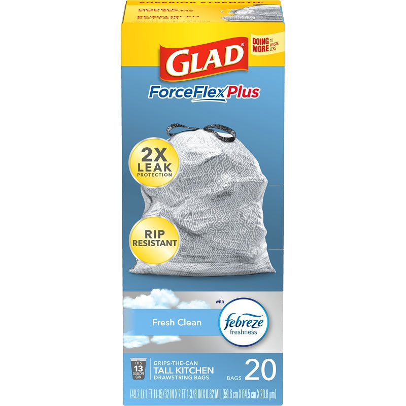 GLAD Glad ForceFlex MaxStrength Series 79208 Trash Bag, XL, 13 gal, Plastic, White