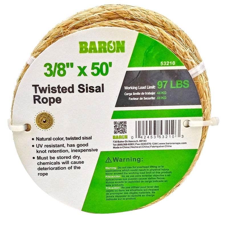 BARON Baron 53210 Rope, 3/8 in Dia, 50 ft L, 97 lb Working Load, Sisal, Natural HARDWARE & FARM SUPPLIES BARON