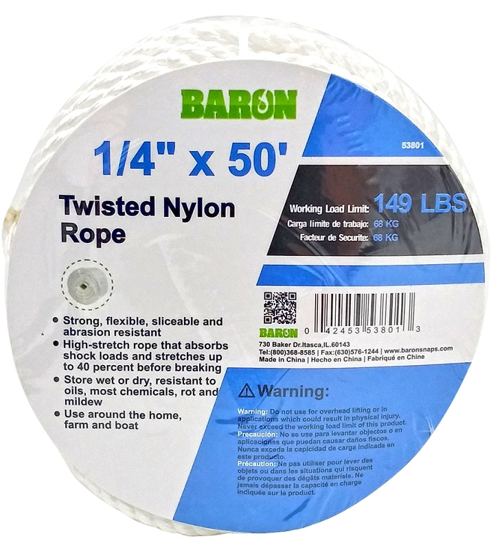 BARON Baron 53801 Rope, 1/4 in Dia, 50 ft L, 149 lb Working Load, Nylon, White HARDWARE & FARM SUPPLIES BARON