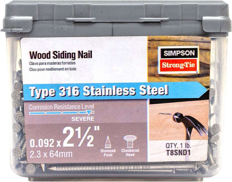 SIMPSON STRONG-TIE Simpson Strong-Tie T8SND5 Siding Nail, 8D, 2-1/2 in L, Stainless Steel, Full Round Head, Annular Ring Shank, 5 lb