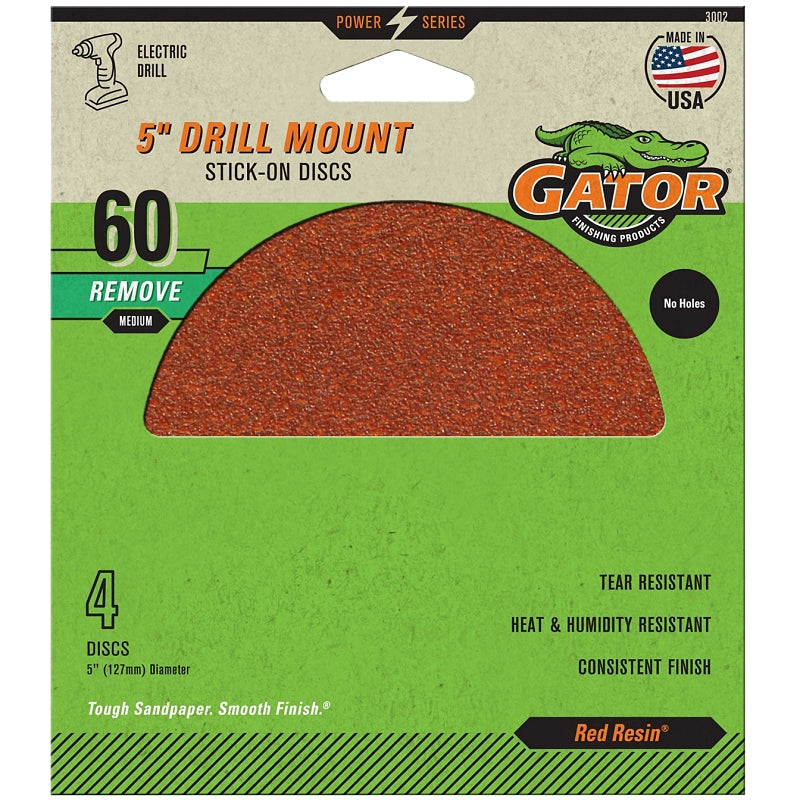 GATOR Gator 3002 Sanding Disc, 5 in Dia, 60 Grit, Coarse, Aluminum Oxide Abrasive, Paper Backing