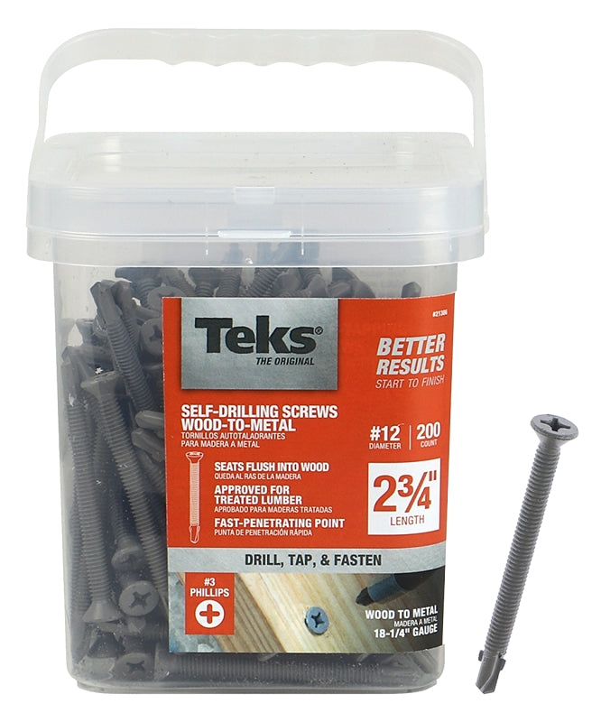 TEKS Teks 21386 Roofing Screw, #12 Thread, Fine Thread, Hex, Phillips Drive, Drill, Self-Tapping Point, Steel, Zinc, 200 PAIL HARDWARE & FARM SUPPLIES TEKS