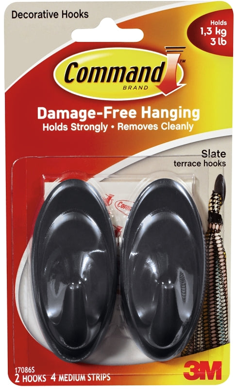 COMMAND Command 17086S Medium Terrace Hook, 3-1/4 in L x 1-1/2 in W x 1-1/4 in H Dimensions, 3 lb, 2-Hook, Plastic ELECTRICAL COMMAND