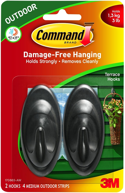 COMMAND Command 17086S-AW Terrace Hook, 3-1/4 in L x 1-1/2 in W x 1-1/4 in H Dimensions, 3 lb, 2-Hook, Plastic, Slate HARDWARE & FARM SUPPLIES COMMAND
